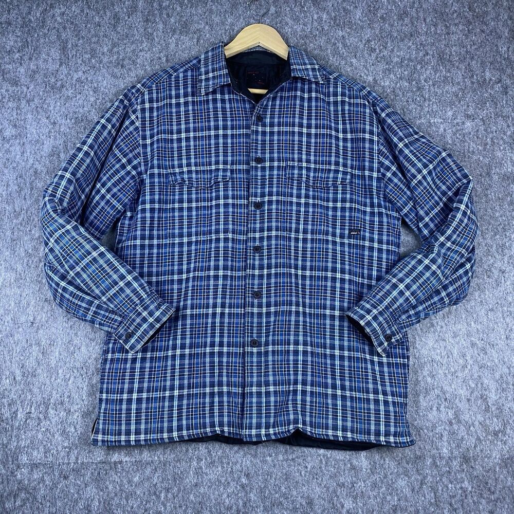 Piping Hot Men's Button Down Over Shirt Quilt Lined Blue Plaid Long Sleeve Sz L